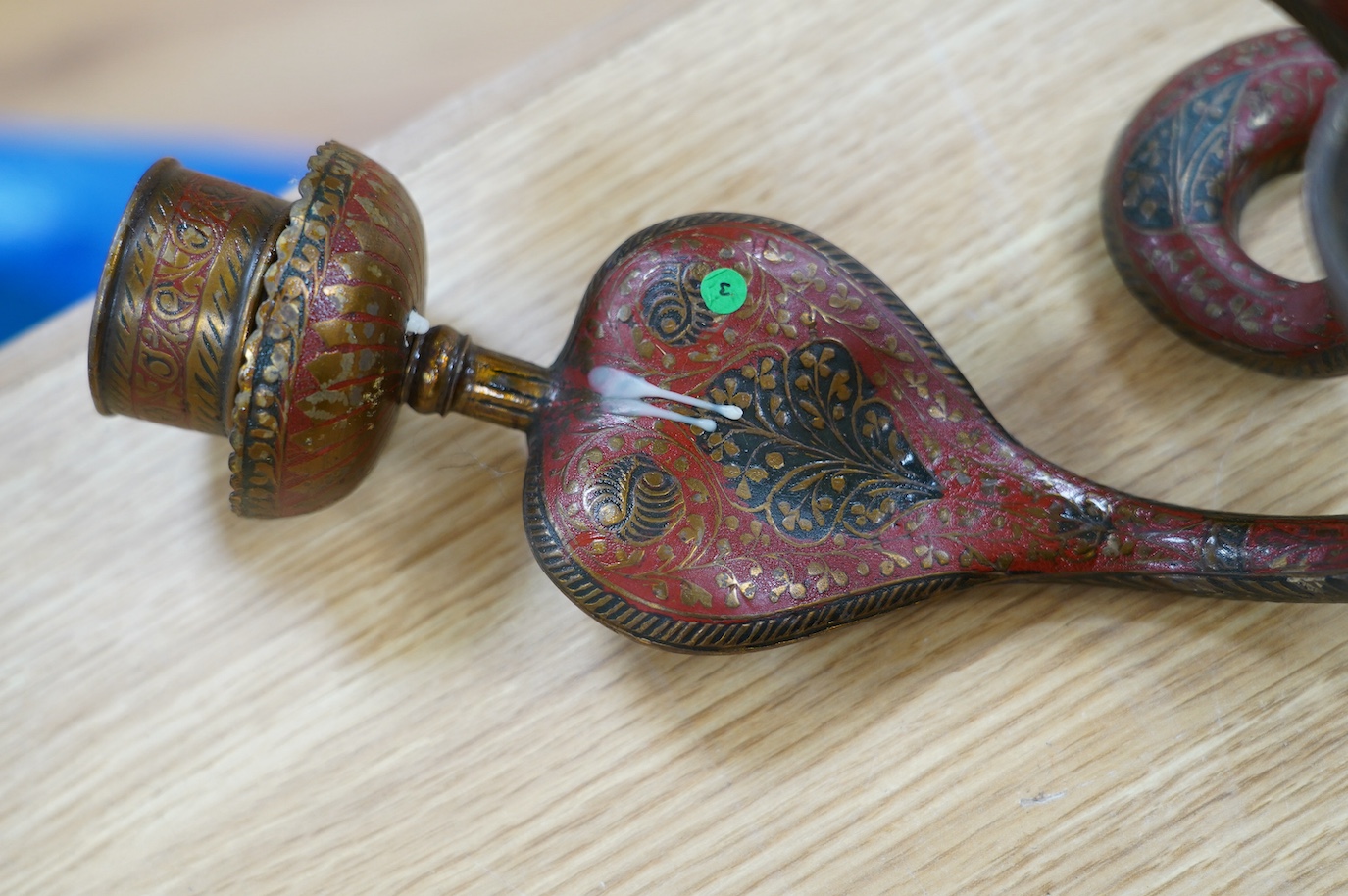 A pair of Indian Benares enamelled brass cobra wall sconces, 79cm high. Condition - lower end of tail on one chipped